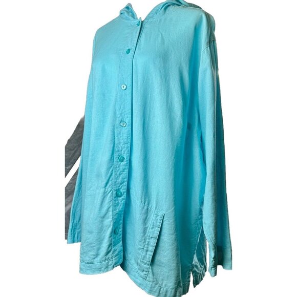 CJ Banks Button Up Hoodie Women's 3X Aqua Blue Linen Blnd Beachy Coastal 3/4 Slv - Picture 4 of 16